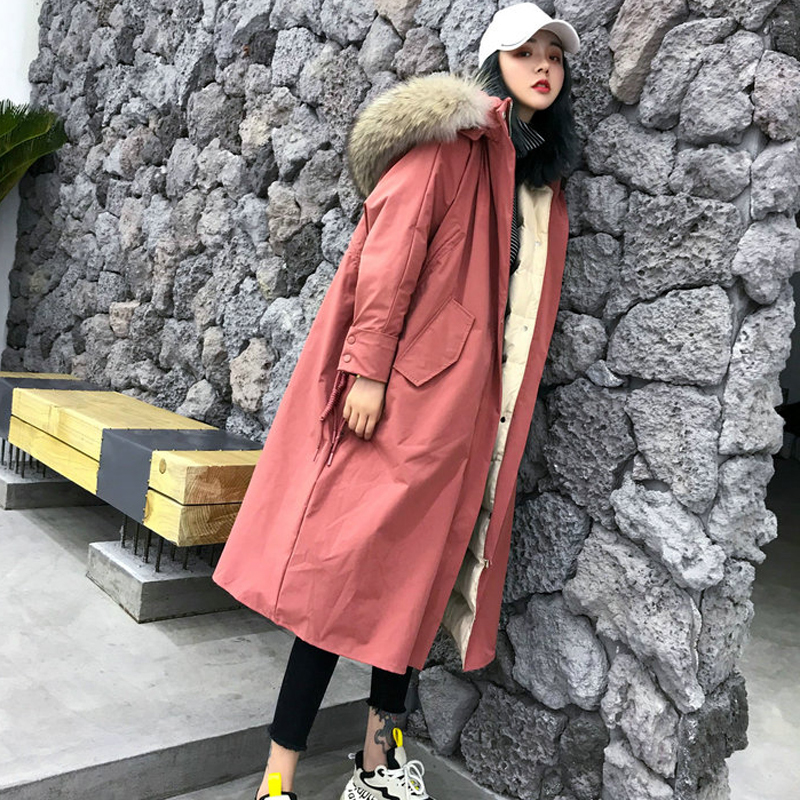 

2021 New Women' Large Winter Skin Collar, Hooded Coat, Mostly Long, Thick, Warm White, Duck, Down, Partial V0X4, Big brown color fur