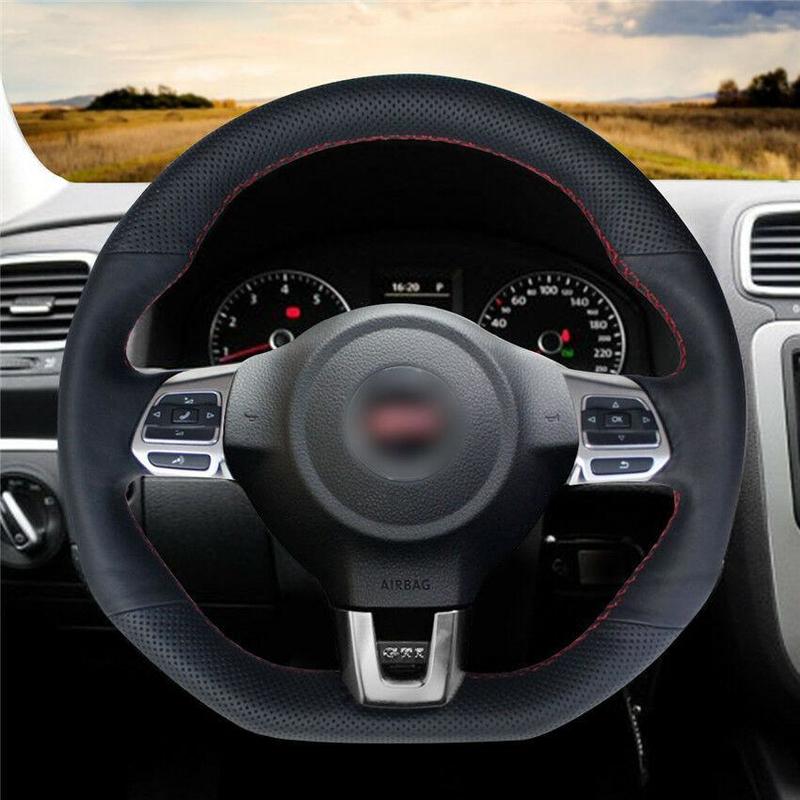 

DIY hand-sewn black artificial leatherAnti steering wheel cover For Volkswagen Golf 6 Car accessories