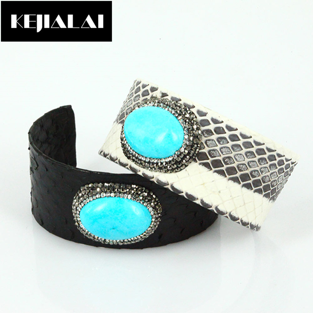 

Python Leather Bangles Punk Women Jewelry Natural Stone with Rhinestone Paving Adjustable Open Cuff Bracelets Best Gift