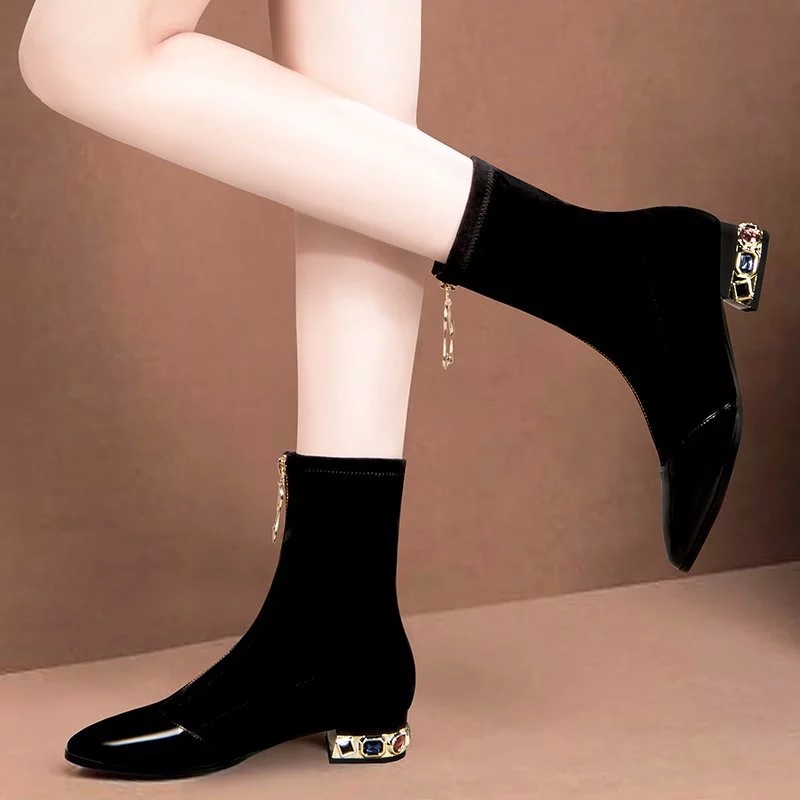 

Plus Size -42 Woman Low Heels Ankle Boots Flock Colorful Rhinestone Heeled Boots Black Ladies Dress Shoes Botas mujer 8781N #p553