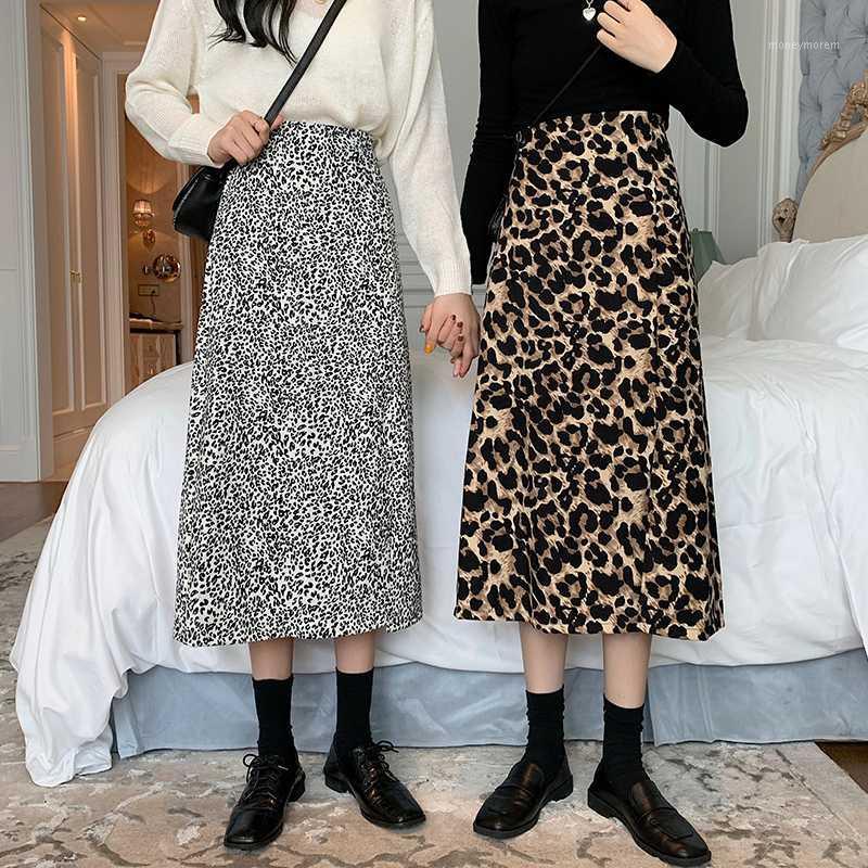 

Leopard Split Skirt Women' 2020 New Korean-Style Retro High Waist Slimming Bag Hip Skirt Long A- line1, Brown