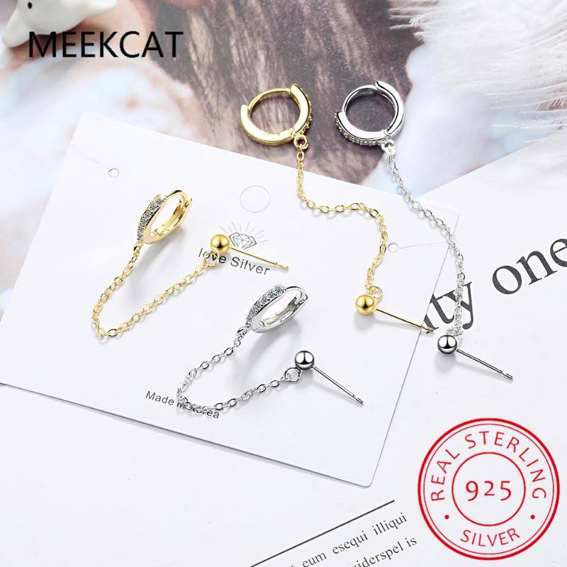 

925 Sterling Silver 1PC Double Ear Hole Cubic Zircon Hoop Earrings Chain Earring With Beads Fine Jewelry For Women S-E1009