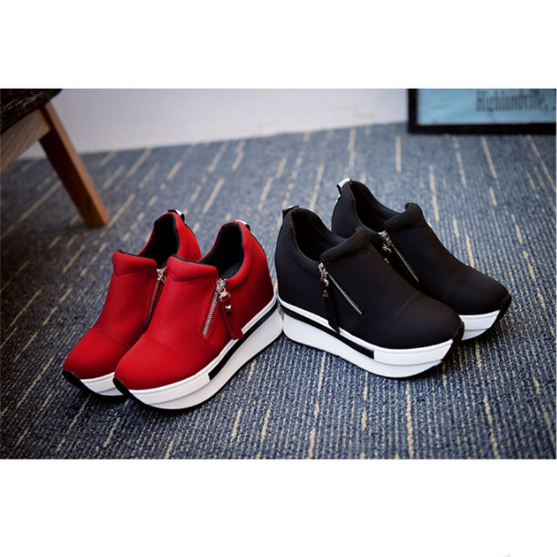 

Spring new canvas shoes women's increased casual women's shoes a pedal side zipper muffin bottom women's shoes wild fashion, Red