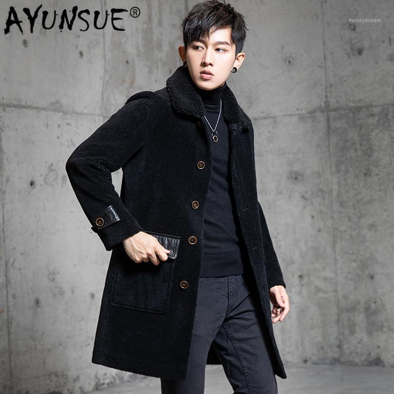 

AYUNSUE Real Fur Coat Men Autumn Winter 100% Wool Jacket Long Sheep Shearling Fur Coats and Jackets Fashion 2019 Ym006 KJ38541, Black