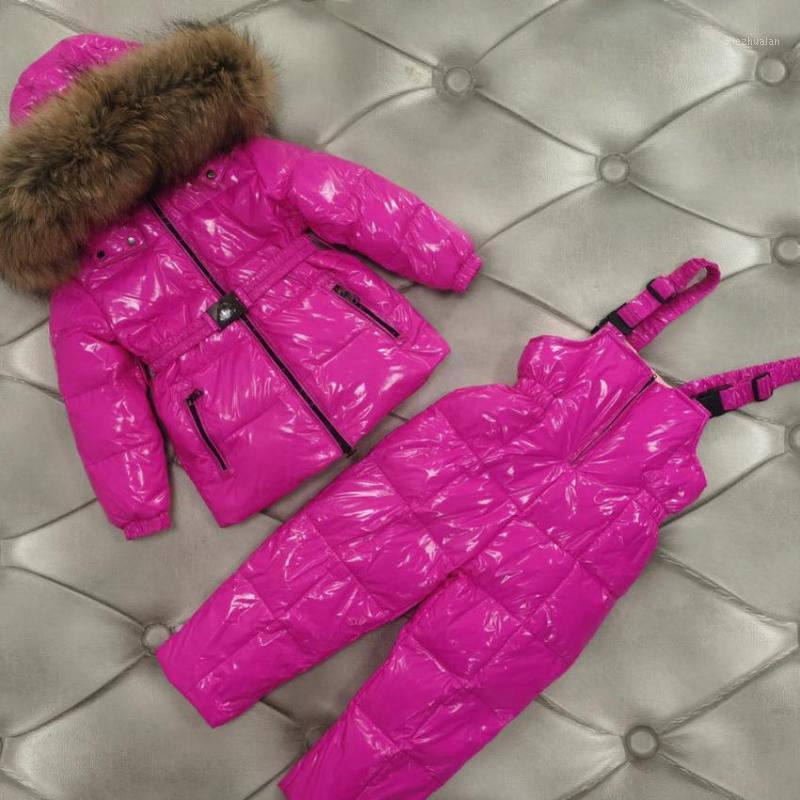 

Russia winter new down jacket children big real fur collar thicken sets girls coats + pants 2pcs suits -30 degree ws18051, Red jacket