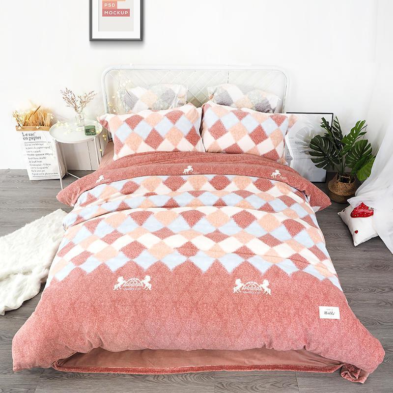 

Crystal velvet Bedding Set milk cashmere Bed Set Fashion Plaid Duvet Cover Bed Sheet Pillowcases Queen King size1, Colour 1