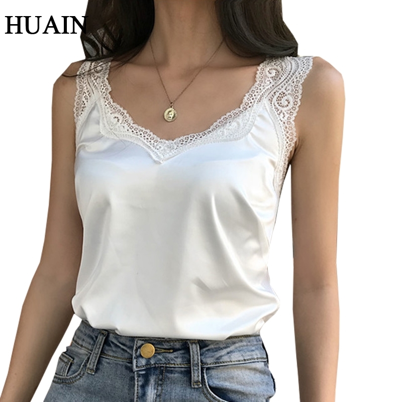 

White Women Tank Top Lace Satin Casual Summer Tank Top Solid Color Female Shirt Tee Sleeveless Shirt Vest Women Clothing Y200512, White tank top