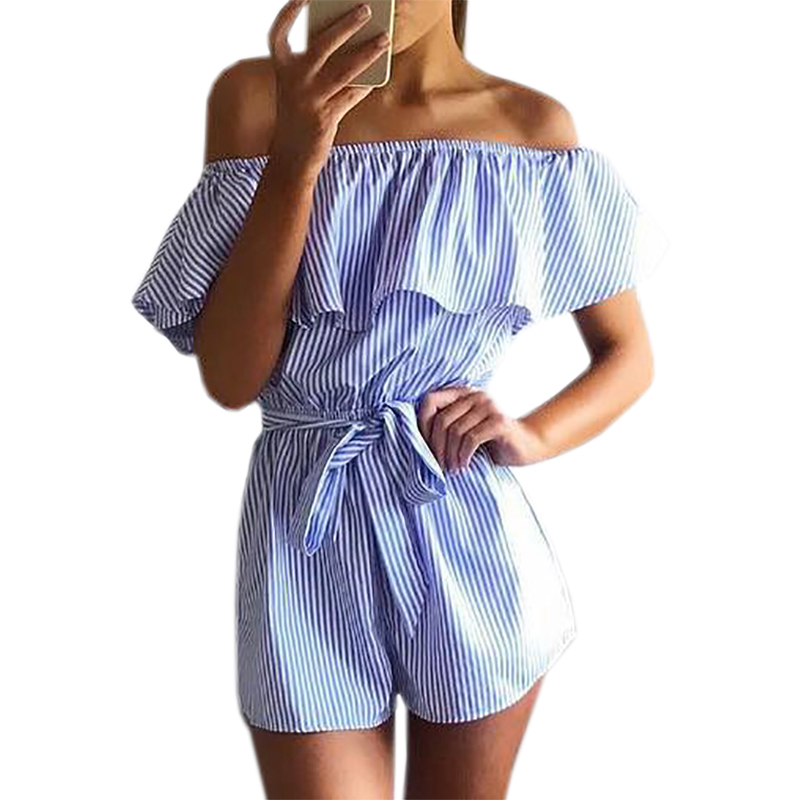 

Ruffles Slash Off Shoulder Beach Playsuits Summer Women Striped Jumpsuits Girls Sexy Casual Rompers with Belts Femininos GV571 T200704, Gv571 black striped