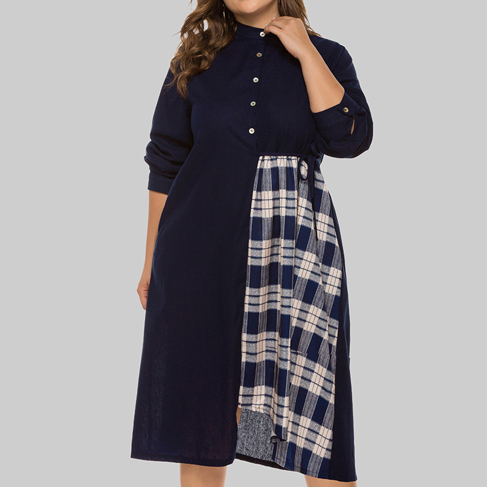 

2021 Western Style Dress Spring Fashion Temperament Draw Back Irregular Trellis Loose Seam Around Long Sleeve Neck Fgtd, Navy blue.