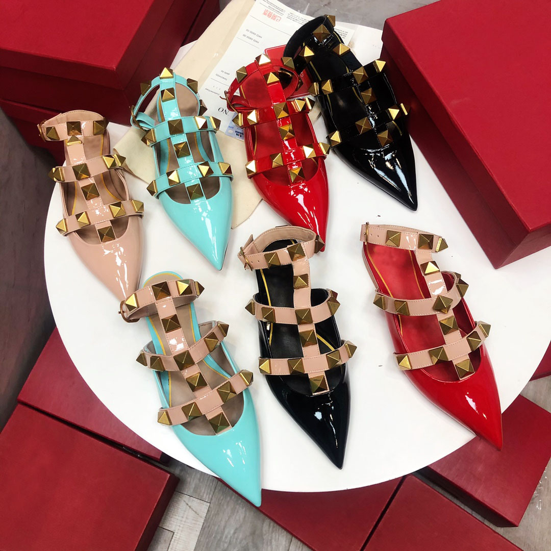 

High quality designer famous womens semi slippers 2021 fashion spring and summer new bag pointed low heel anti slip belt rivet patent leather size 35-42, Colour 15