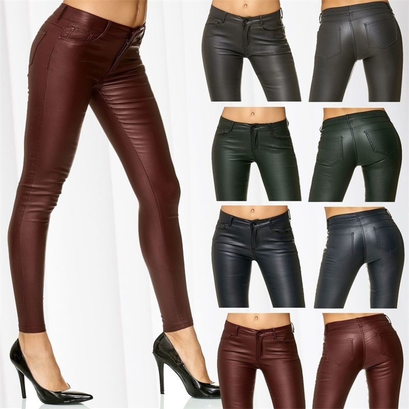 

ZOGAA Women Leather Pants Capris Female Winter High Waisted Pant Full Length Trousers Ladies PU Skinny Stretch Pencil Pantaloons 201228, Burgundy