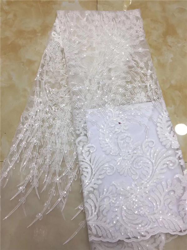 

2020 high quality French Nigerian sequins net lace,African tulle mesh sequence lace fabric for party dress 5yards/lot white
