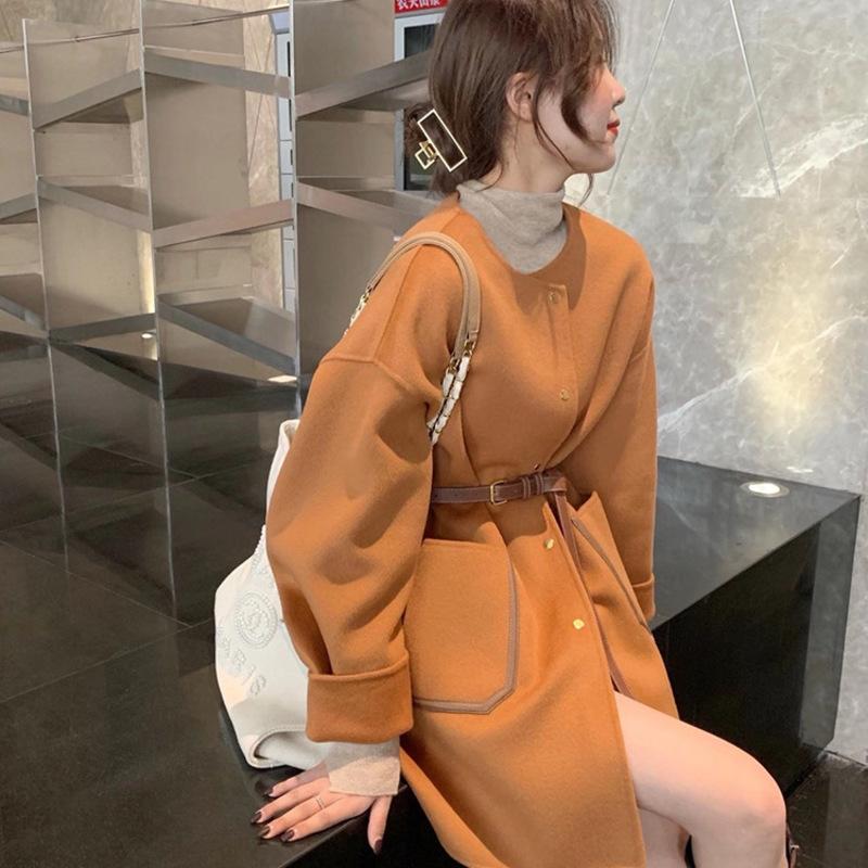 

2021 the new double-sided cashmere coat women loose round collar with fashionable wool coat spot a undertakes, Black