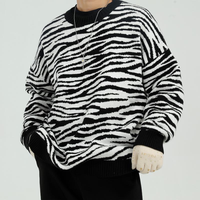 

Men Autumn Winter Zebra Stripe Pullover Sweater Male Women Streetwear Hip Hop Casual Loose Sweater, 1023 black