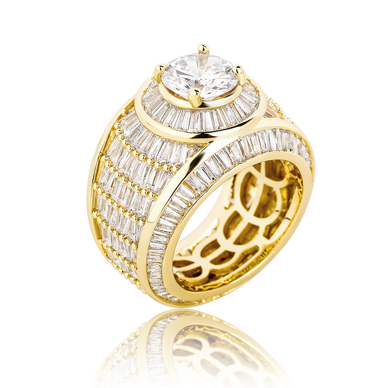 Мужской хип -хоп полный бриллиант каменные кольца Bling 18k настоящий золото, покрытый кубическим цирконом кольцо, украшение украшения