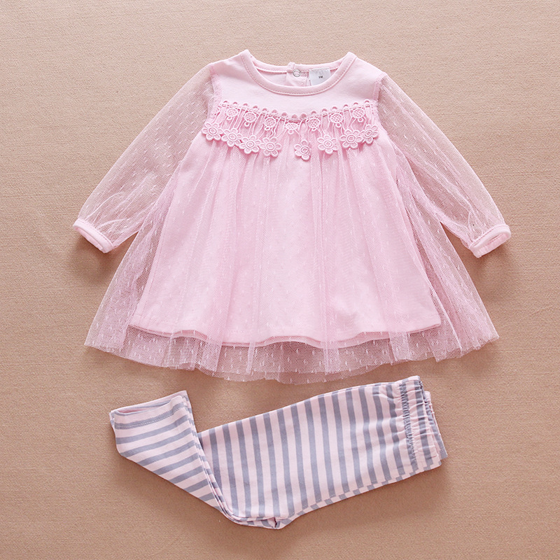 

2021 New Girls Autumn Clothing Long Sleeve Pink Lace Baby and Striped Pants Fashion Clothes Set Kids Children 0-2t Vybe, Red
