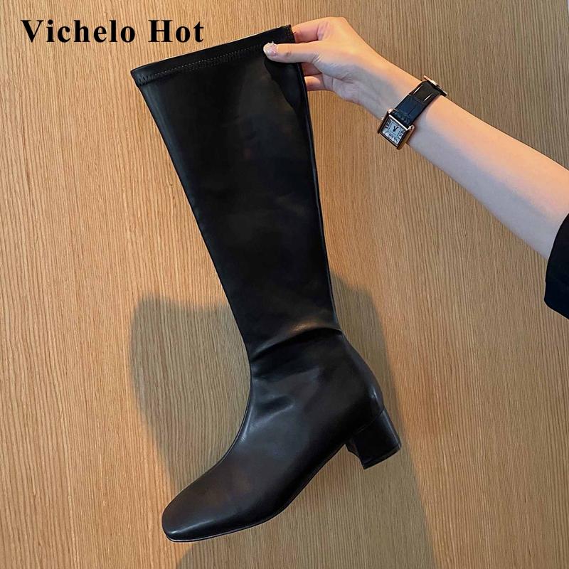 

Vichelo Hot streetwear korean girls microfiber three colors winter boots square toe thick med heel zip model knee-high boots L35, Black
