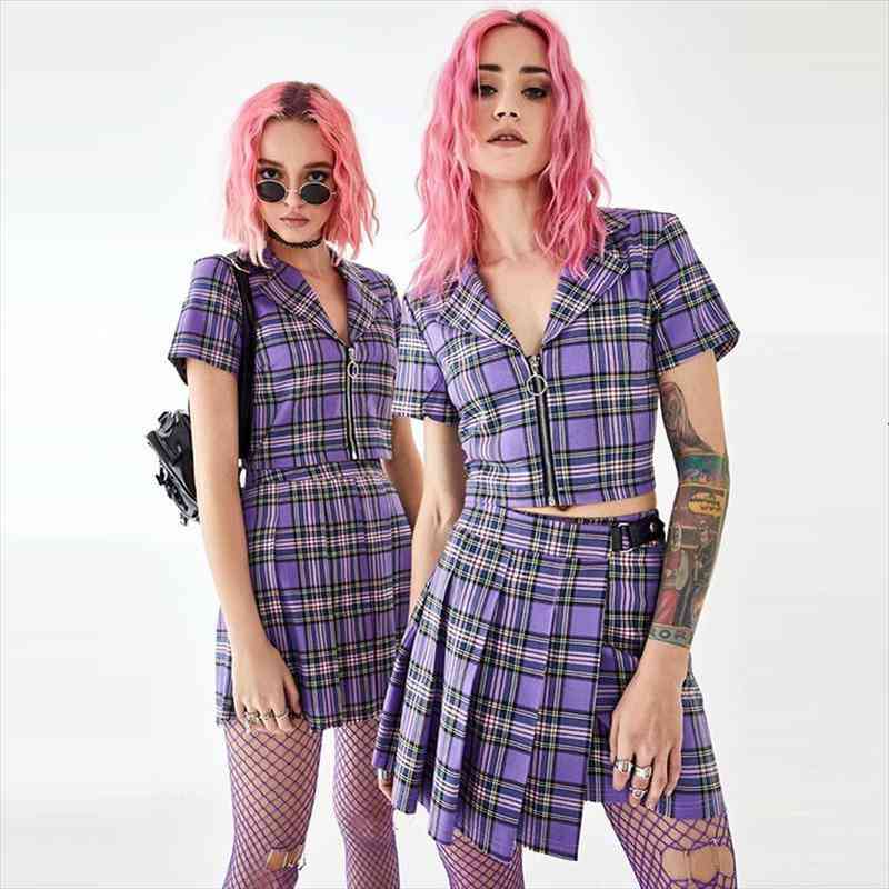 

summer womens 2 piece outfit short pleated skirt set short sleeve pockets buttons crop streetwear, Gray