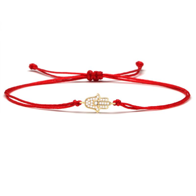 

Cubic Zirconia Gold Hamsa Hand Luck Charm Bracelet Women Girl Mini Copper CZ Red String Pull Cord Adjustable Jewelry Present