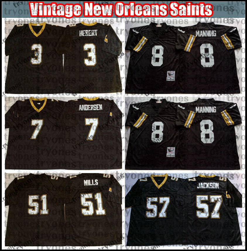 

Vintage 8 Archie Manning Football Jersey 3 Bobby Hebert 7 Morten Andersen 51 Sam Mills 57 Rickey Jackson embroidery Black BB7, Black;red