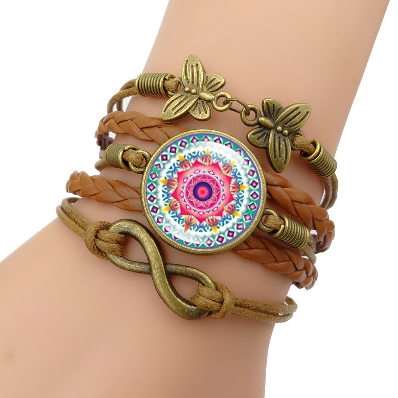 

Buddhism Jewelry With Bronze Plated Mandala Flower Pattern Infinity Love Leather Charm Bracelet Bangle For Women Gift, Golden;silver