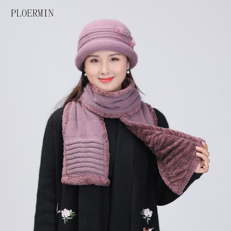 

New Women Elegant Flowers Wool Knitted Hat Winter Warm Fur Middle Age Knitted Beanie Hats Scarf Set Mother Hat Gift, Khaki hat
