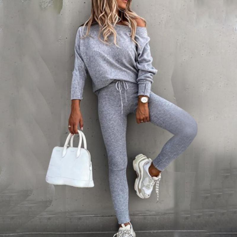 

Autumn Winter Women Two Piece Sets Sexy Off Shoulder Long Sleeve Pullovers Tops Casual Sweatshirt $ Drawstring Joggers Suits