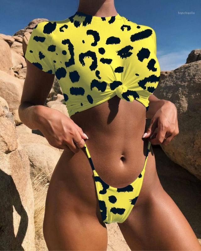 

Knot Crop Top Bikini 2020 Leopard Swimwear Women Bathers Yellow Push up Swimsuit Female T-shirt Thong Bikini Sexy Bathing Suit1