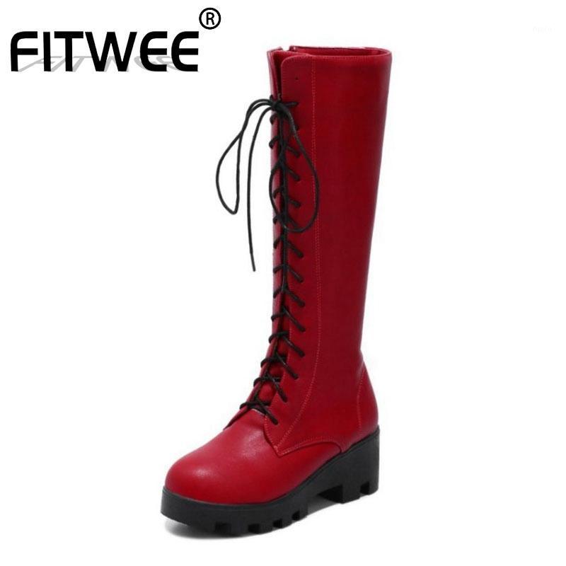 

FITWEE Knee High Boots Women New Winter Casual Thick Bottom Platform Shoes Women Zipper Lace Up Warm Knight Boots Size 34-431, Black