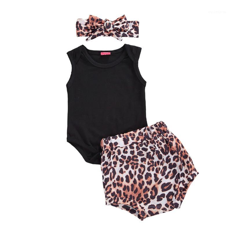

CitgeeSummer Cotton Newborn Baby Girls Outfits Black Solid Color Sleeveless Jumpsuit Leopard Printed Shorts Headband Set1, As pic