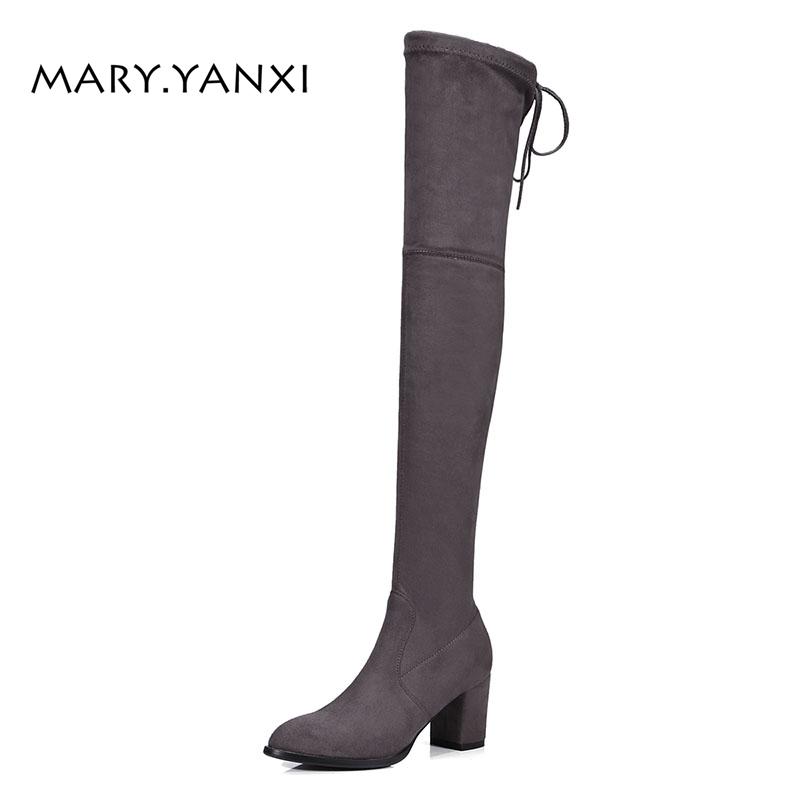 

Women Shoes Long Boots Over-the-Knee Boots Flock Nubuck Slip-On Pointed Toe High Square Heels Big Size Cross-tied Solid, Black