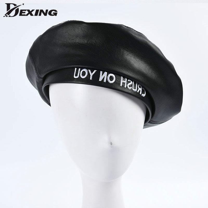 

Crushonyou Letter Berets Women Men Fashion Black Pu Leather Beret Girls Boys Street Vintage Hat Flat Cap1
