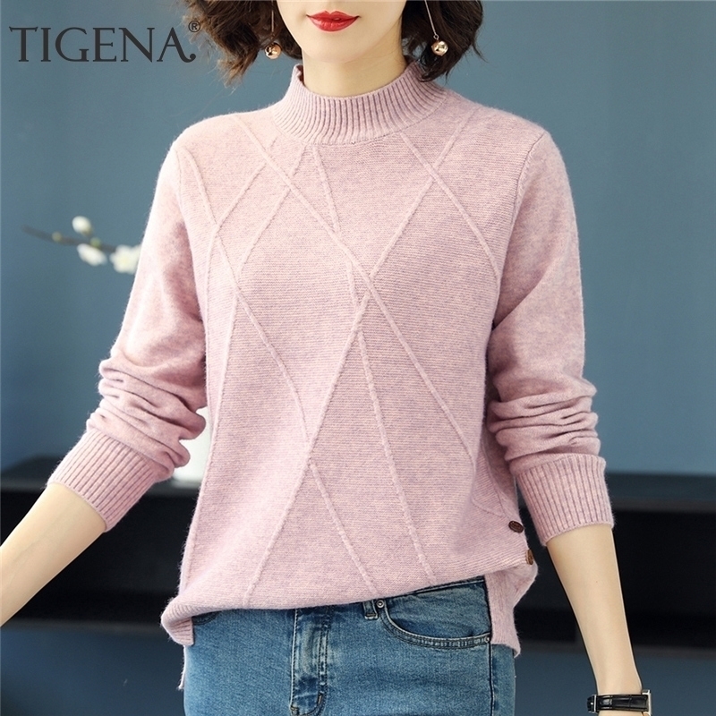 

TIGENA Half Turtleneck Sweater Women Autumn Winter Long Sleeve Pullover Sweater Female Knitted Tops Jumper Ladies Knitwear 201030, Beige