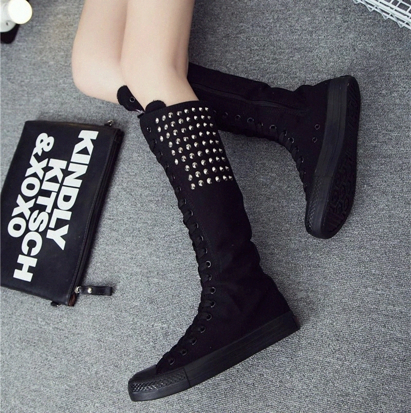

2020 New Spring Autumn Women Shoes Canvas Punk Casual High Top Shoes Long Boots Lace-Up Zipper Comfortable Flat Boots Sneakers #wM7k