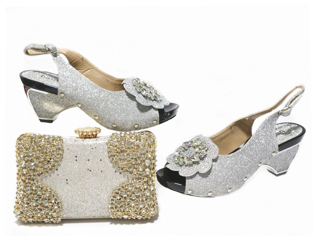 

Silver High Heels Women Shoes With Clutch Bag Evening Party Pumps And Handbag Set GL1030 Height 6cm, As pic