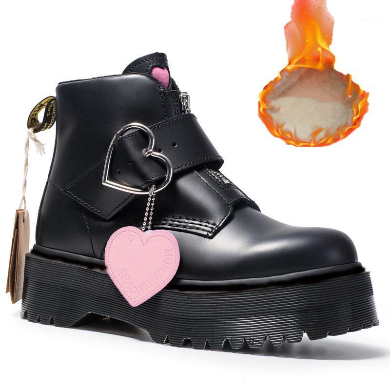 

Women's Thick Bottom Short Boots Motorcycle Fur Ankle Boots Heart High Platform Black Plush Winter Increse1