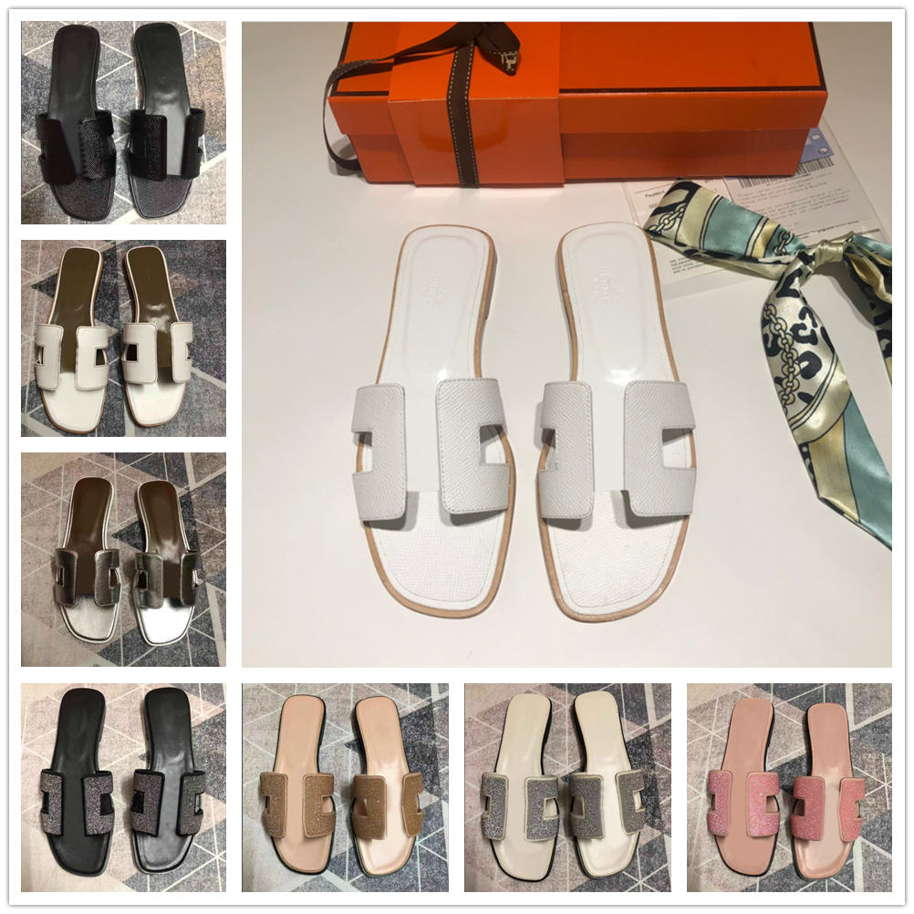 

slipper Luxury designer leather ladies sandals summer flat shoes fashion beach women slippers H letter drag 35-42