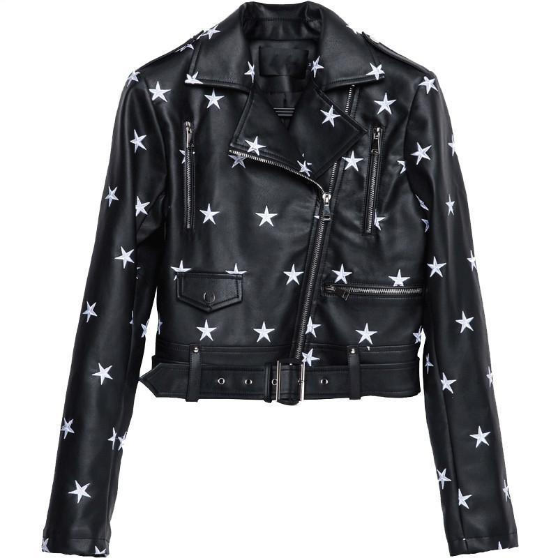 

Fashion Star Embroidery Pu Leather Jacket Womens Casual Motorcycle Jackets Bright Streetwear Coats And Jackets Women, Black