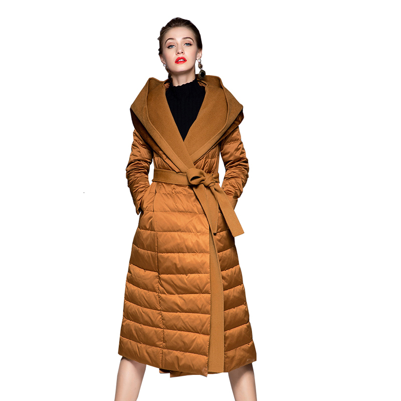 

2021 New Winter White Duck Down Parka Hooded Women Thick Warm Parkas Long Coat with Belt Outwear Feminino X7c6, Black