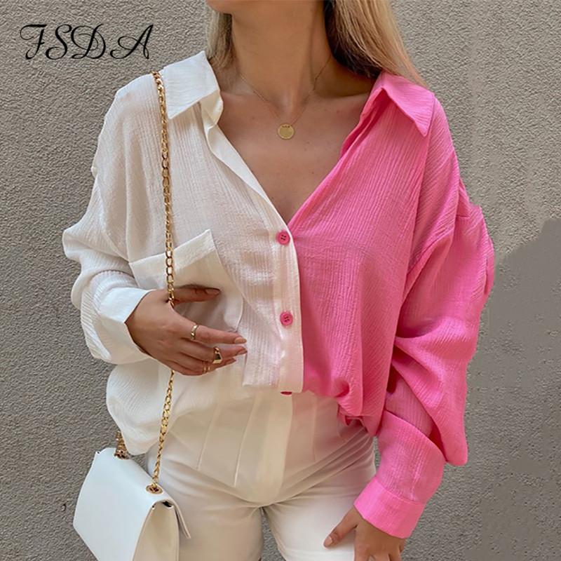 

Women's Blouses & Shirts FSDA 2021 Patchwork Oversized Blouse Shirt Women Elegant Autumn Winter Casual Long Sleeve Top V Neck Fashion Sexy, White