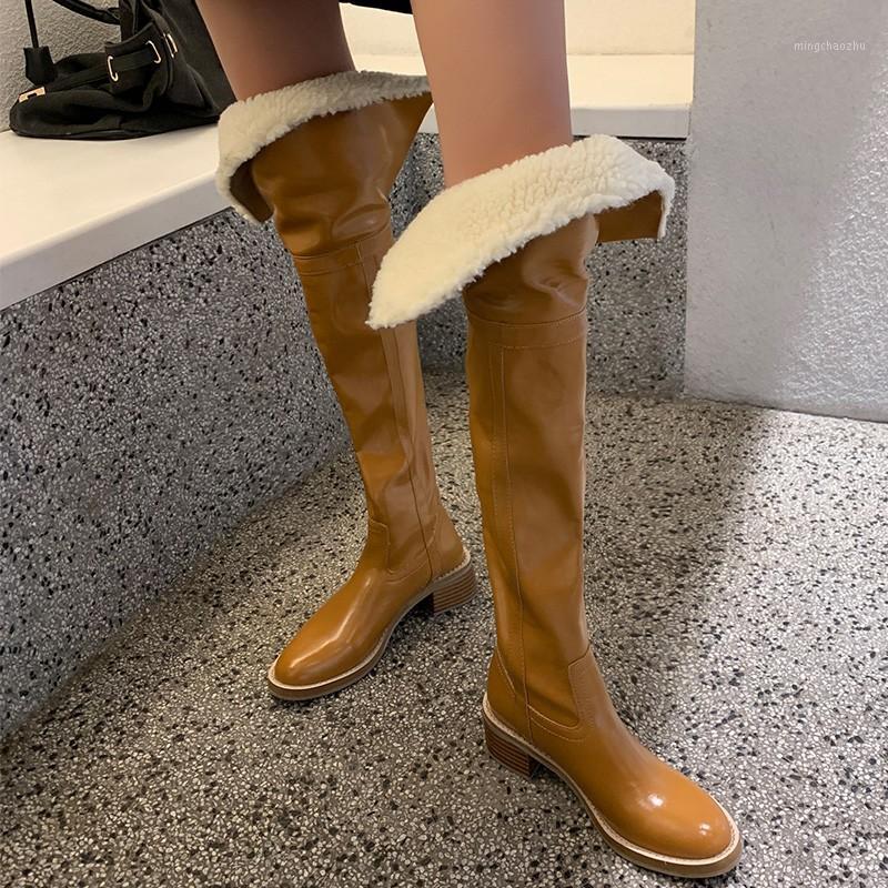 

Handmade Warm Plush Fur Snow Boots New 2020 Trend Genuine Leather Slip On Block High Heels Over The Knee Thigh High Long Boots1, Black