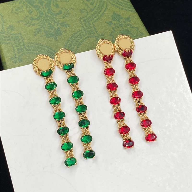 

Shiny Emerald Ruby Charm Earrings Lion Head Pendant Studs Long Diamond Eardrop For Women Birthday With Gift Box