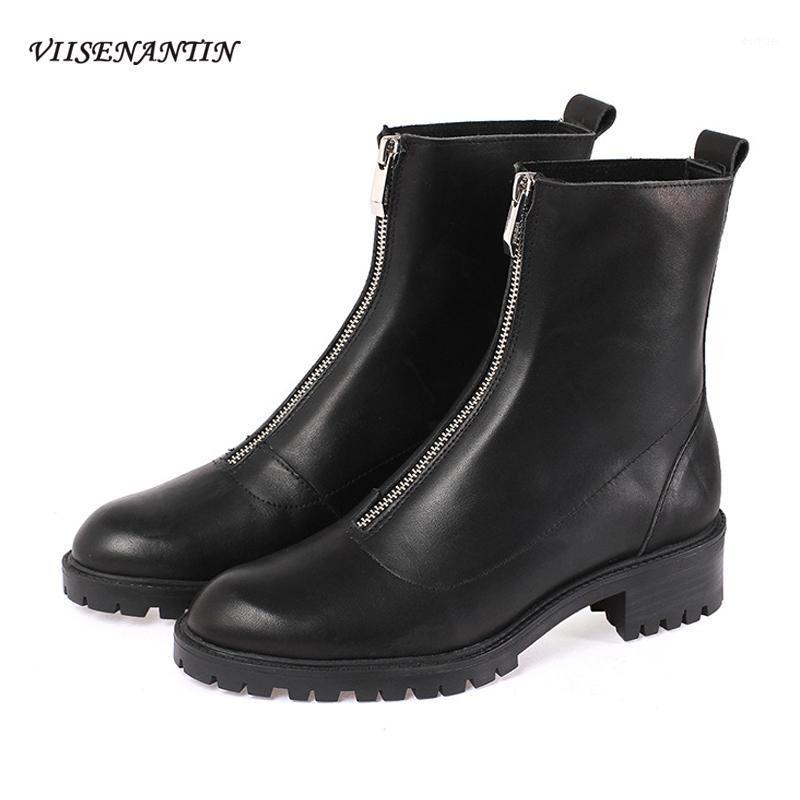 

Autumn Winter New Style Front Zipper Thick Heel Ankle Boots Retro All-match Black Short Boots Mid Heel Motorcycle Women1