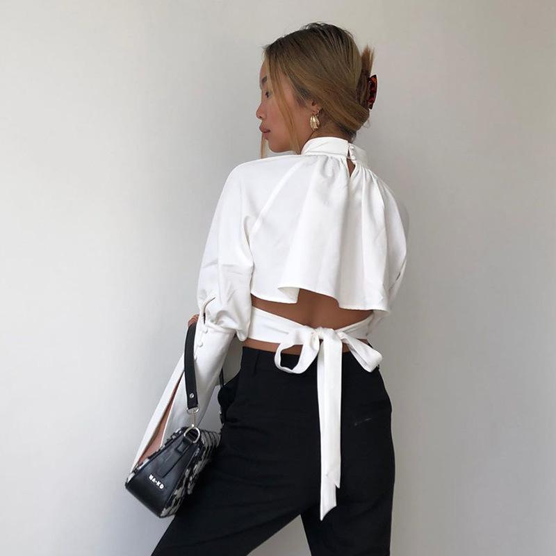 

Elegant White Bandage Bow Button Blouse Shirts Long Sleeve Hollow Out Women Crop Top Fashion Street Hipster Short Blouse Lace Up