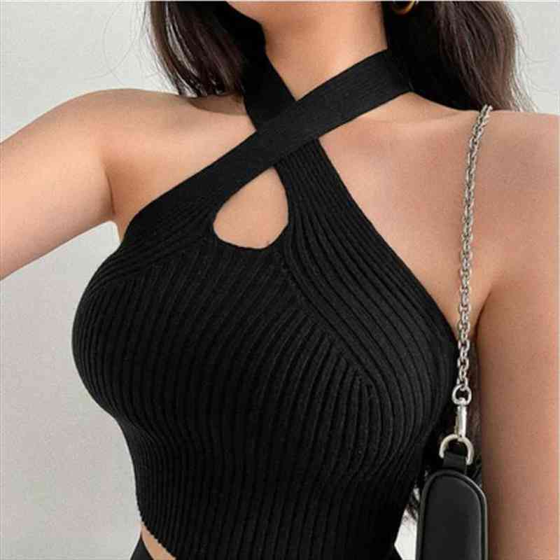 

Women Y2k Black Halter Tops Female Knitted Tank Tops Solid Sexy Women Off Shoulder Crop For, White