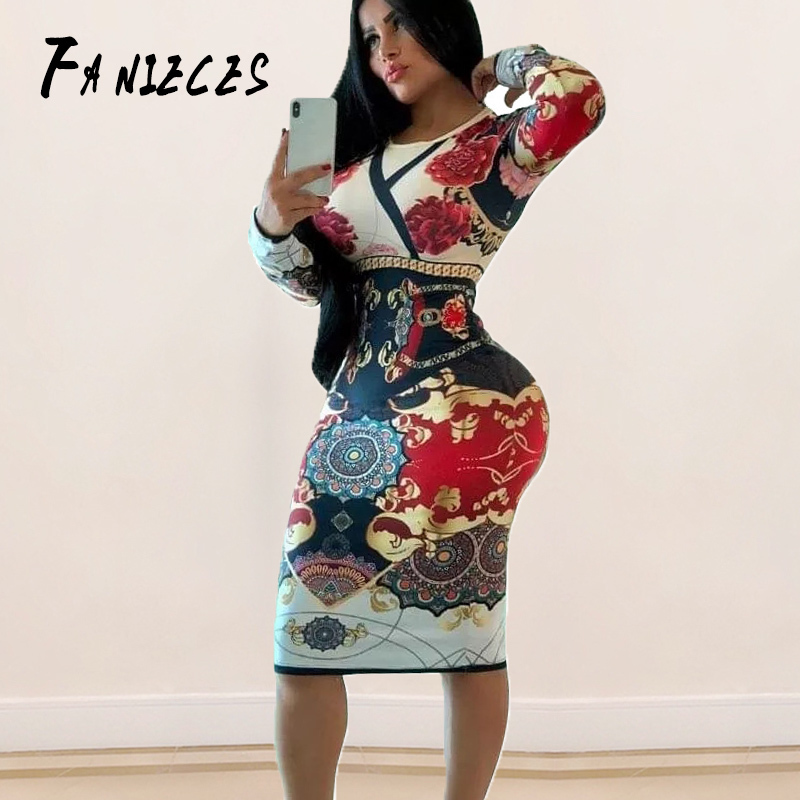 

INS fashion Baroque court Print Long Sleeve Bodycon Midi Dress Women Fall Winter Fashion Sexy nightClub Dresses dropshipping 201125, White