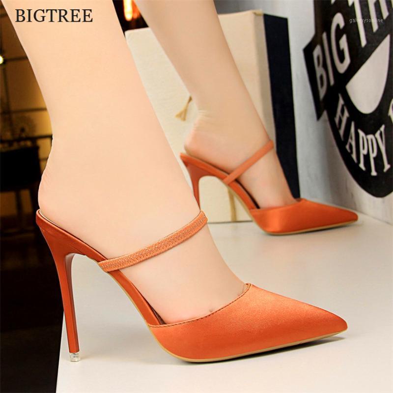 

2020 New Summer Women Outdoor Slippers Concise Solid Silk Pointed Toe High Heels Comfort Elastic Band Shallow Slippers Fashion1, Light gold
