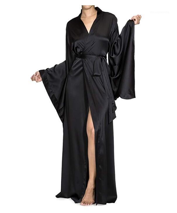 

2020 New Solid Robes Women Black Red Long Sleeve Nightgown Ladies Girls Silk Satin Smooth Spring Lace Sleepwear Female Bathrobe1