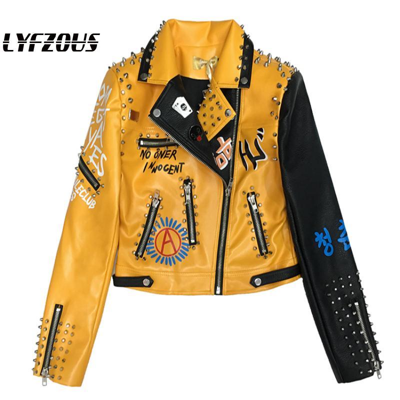 

Heavy Rivets Pu Leather Jacket Women Graffiti Colorful Print Jackets And Coats Punk Cool Rave Short Ladies Locomotive Jackets, Yellow