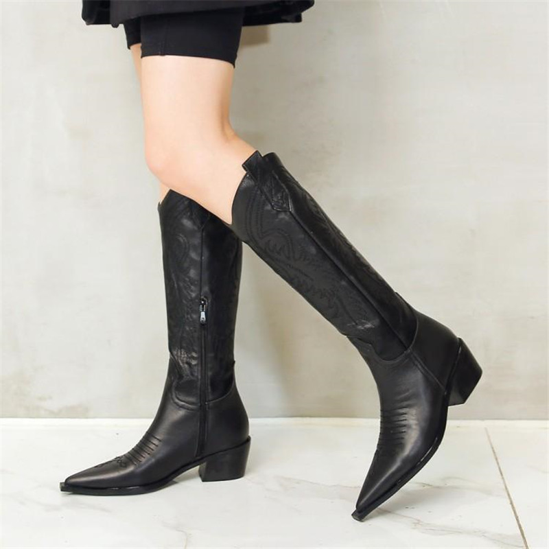 

Western Boots Women Knee High Cowboy Boots Fashion Pointed Toe Sewing Shoes Female High Heels Thick Shoes Ladies Autumn Winter, White